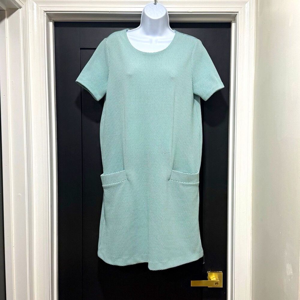 COS Light Blue Geometric Textured Knit Shift Dress Pockets Sz M Short Sleeve
